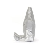 A silver plush whale toy shown from the side on a clean white background.