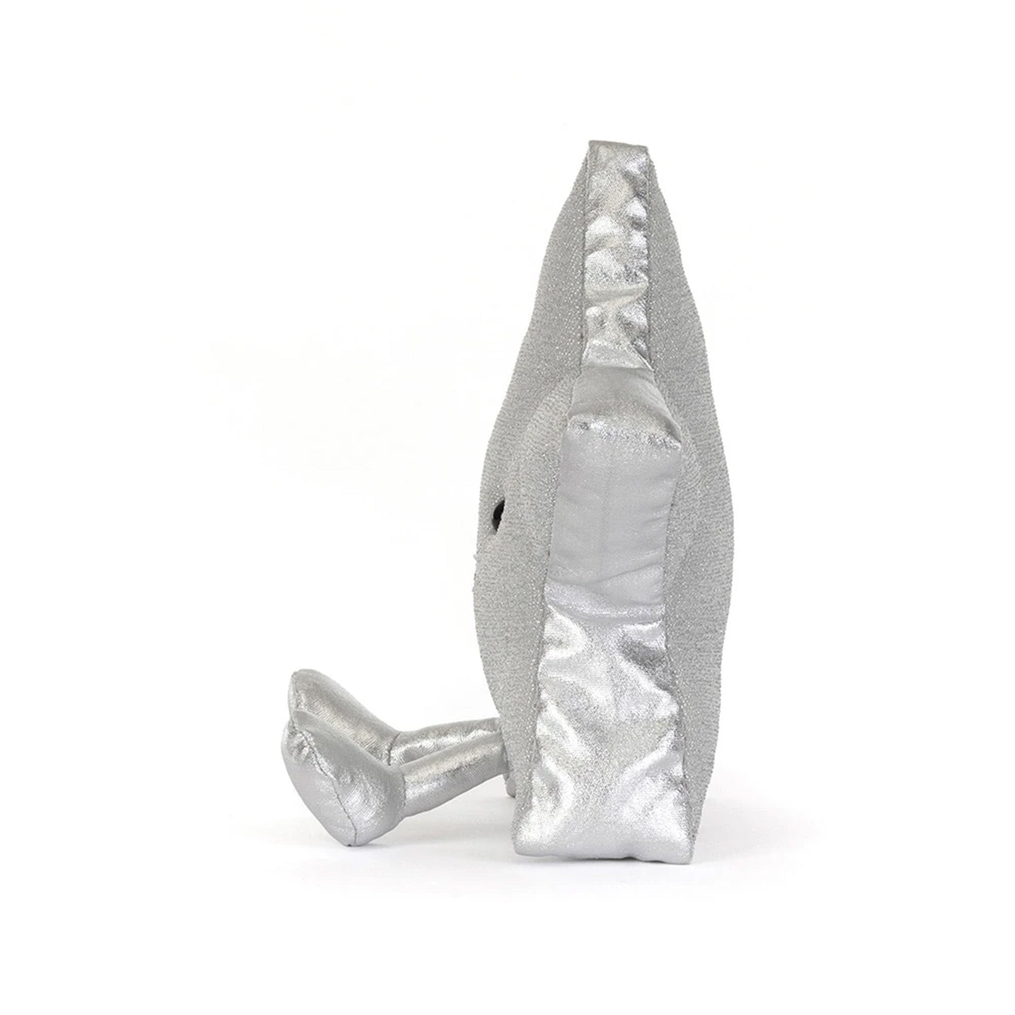 A silver plush whale toy shown from the side on a clean white background.
