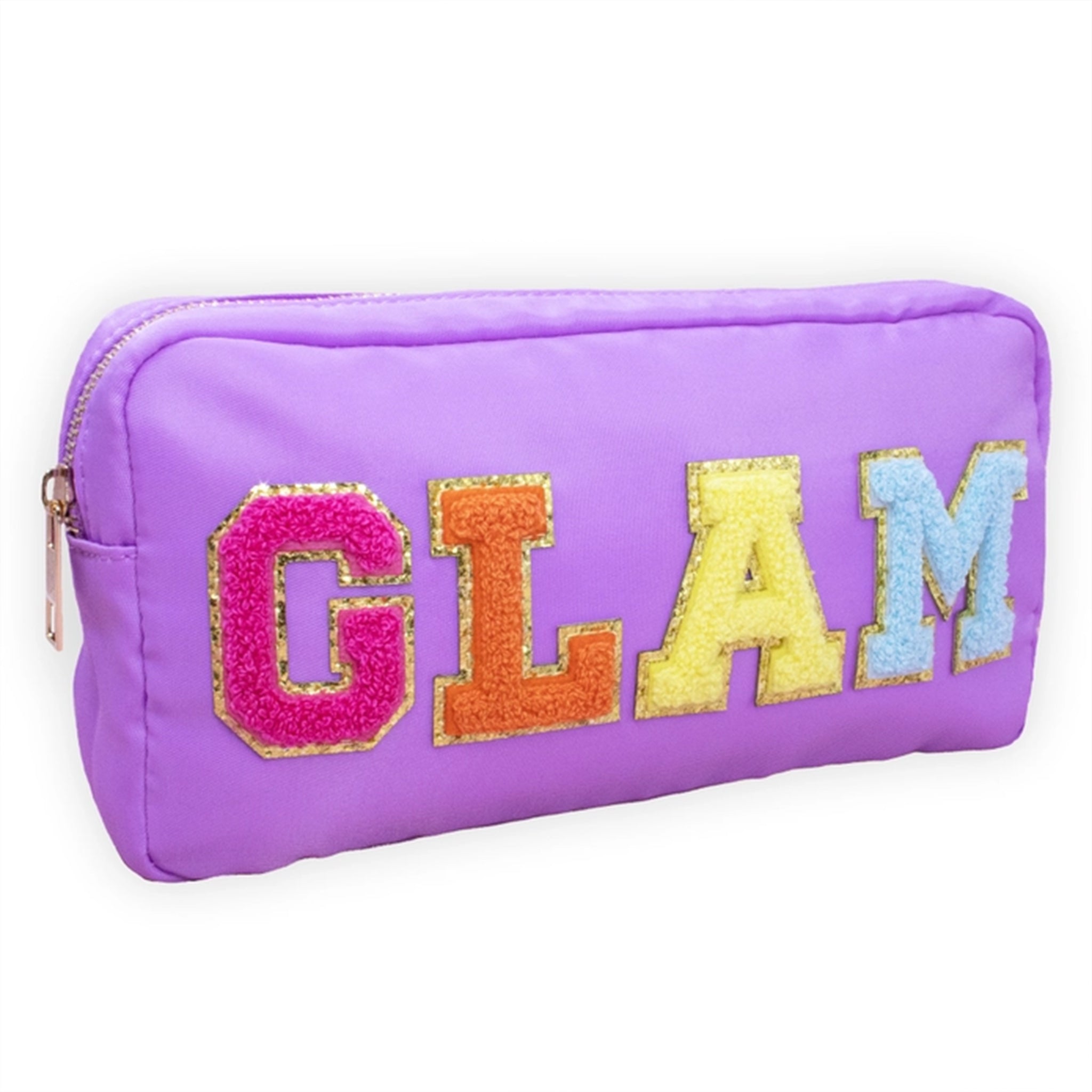 A purple zippered pouch featuring the word 'GLAM' spelled out in large, colorful glitter letters outlined in gold, set against a plain white background.