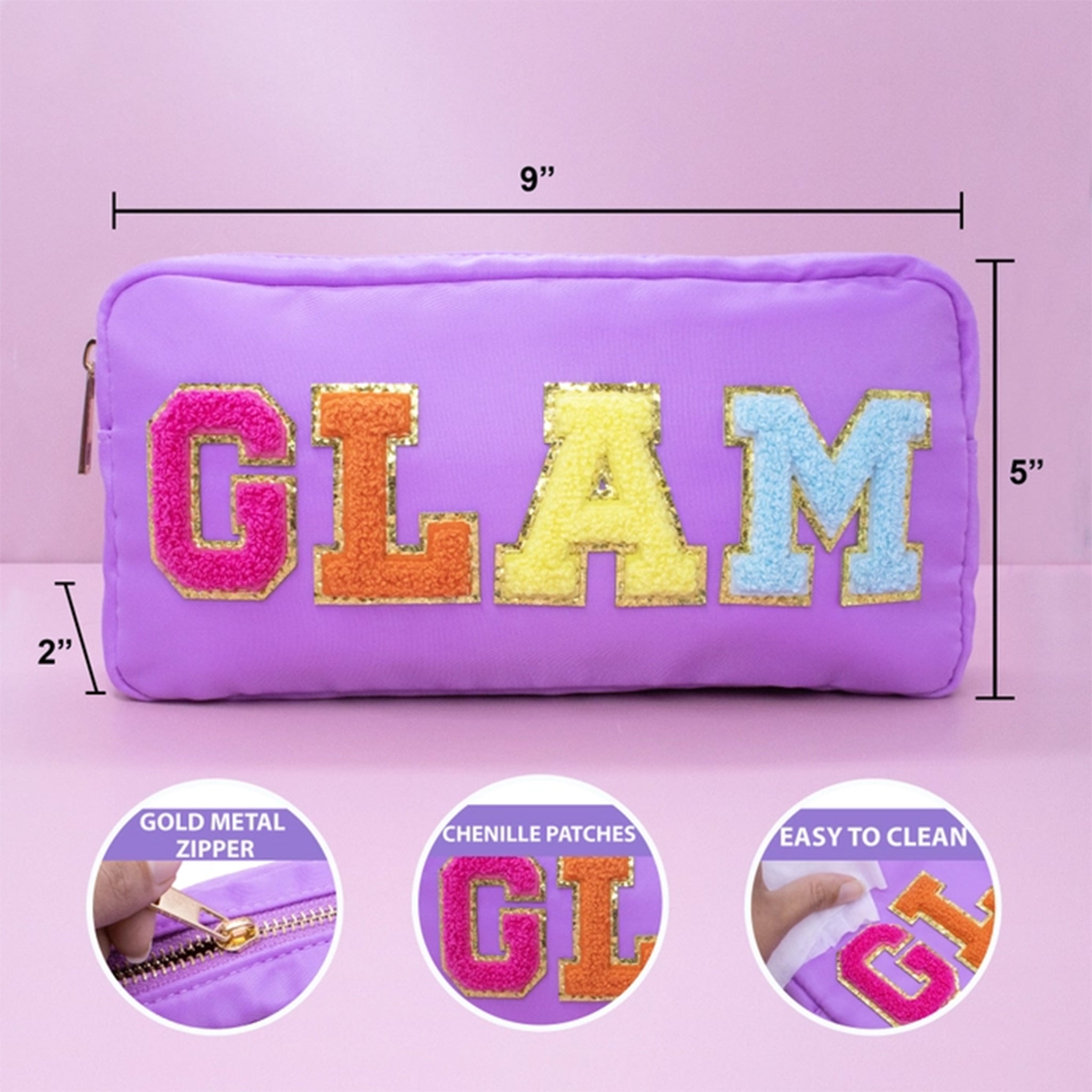Purple zippered cosmetic pouch with large glittery 'GLAM' lettering in pink, orange, yellow, and blue on the front. Black dimension lines show 9 inches wide, 5 inches tall, and 2 inches deep, with three circular inset detail images at the bottom showing a gold zipper, chenille patches, and easy cleaning.