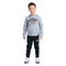 A young boy modeling a gray Adidas hoodie with a cartoon graphic and black Adidas track pants with white stripes, set against a plain white background.