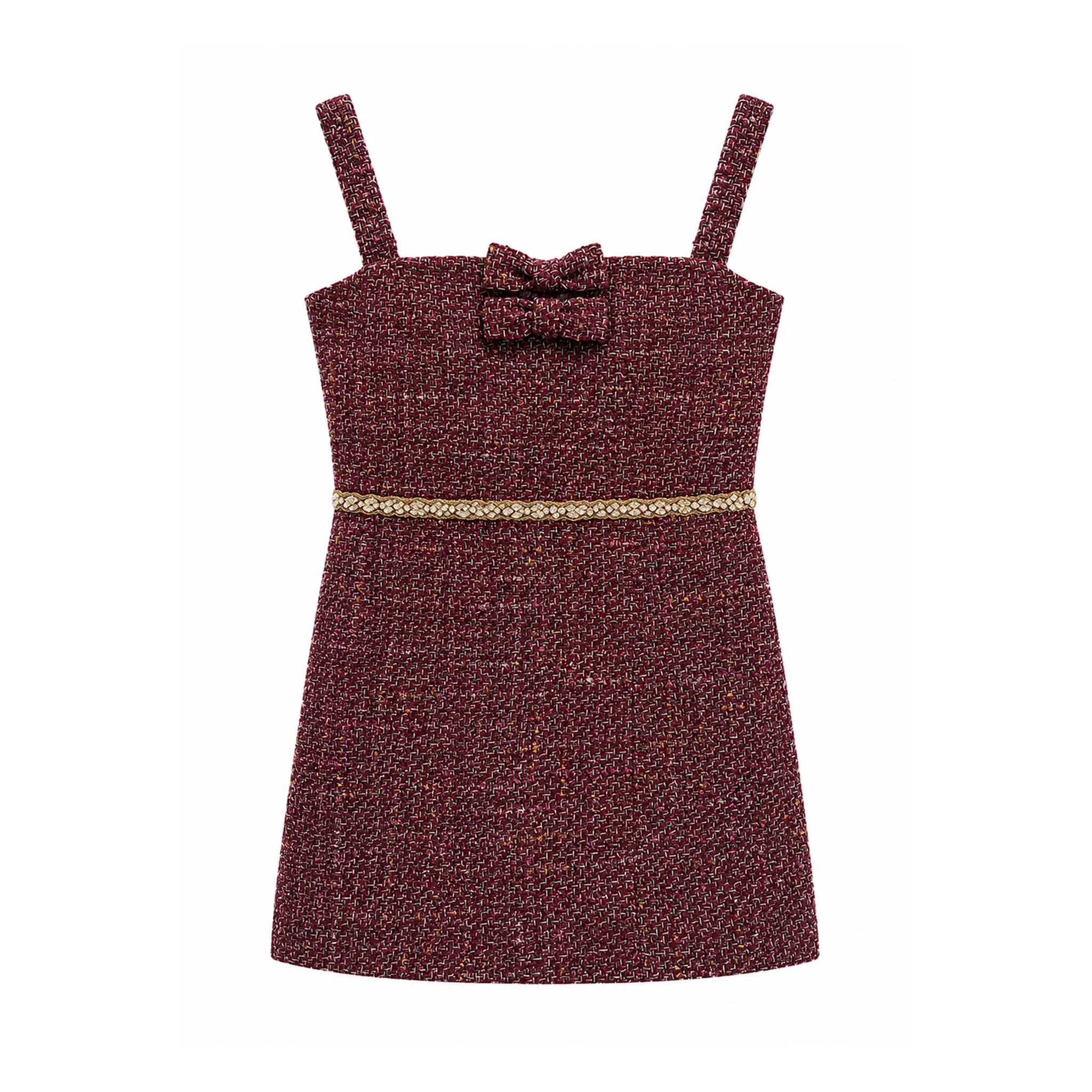 A sleeveless tweed mini dress in a dark burgundy and red woven pattern, featuring thin shoulder straps, a matching bow at the neckline, and a decorative gold chain detail at the waist.