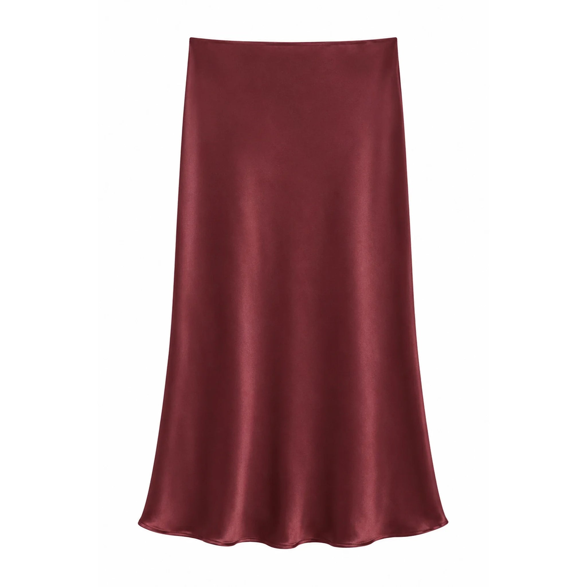 A satin slip skirt in a deep burgundy red, displayed against a solid white background.