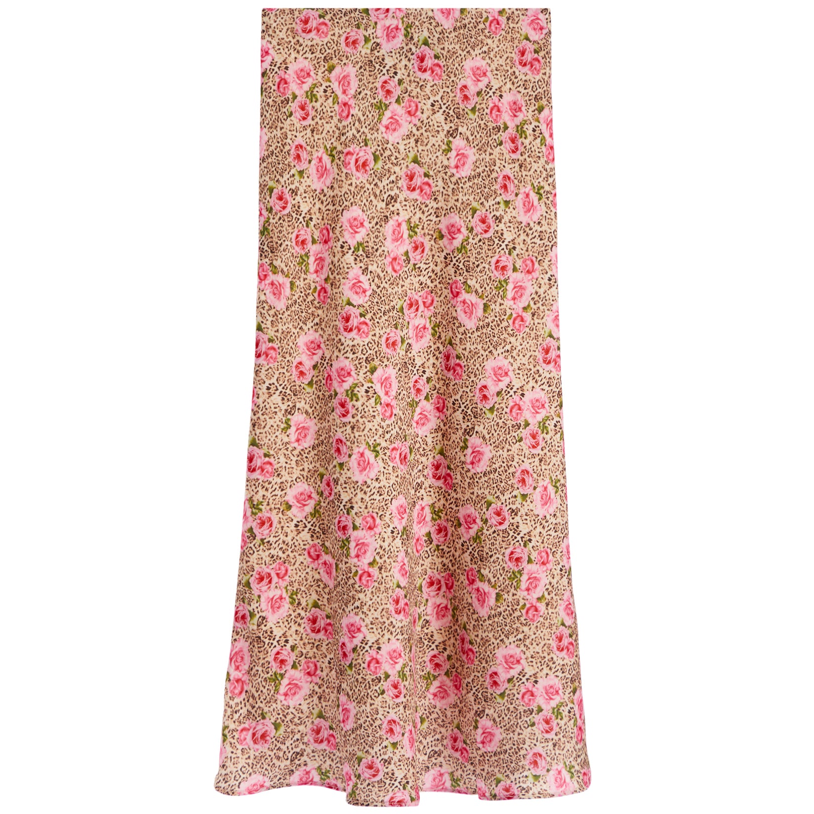 A long, flowing skirt with a dense pink floral print over a tan and brown leopard-like pattern, shown flat against a solid white background.