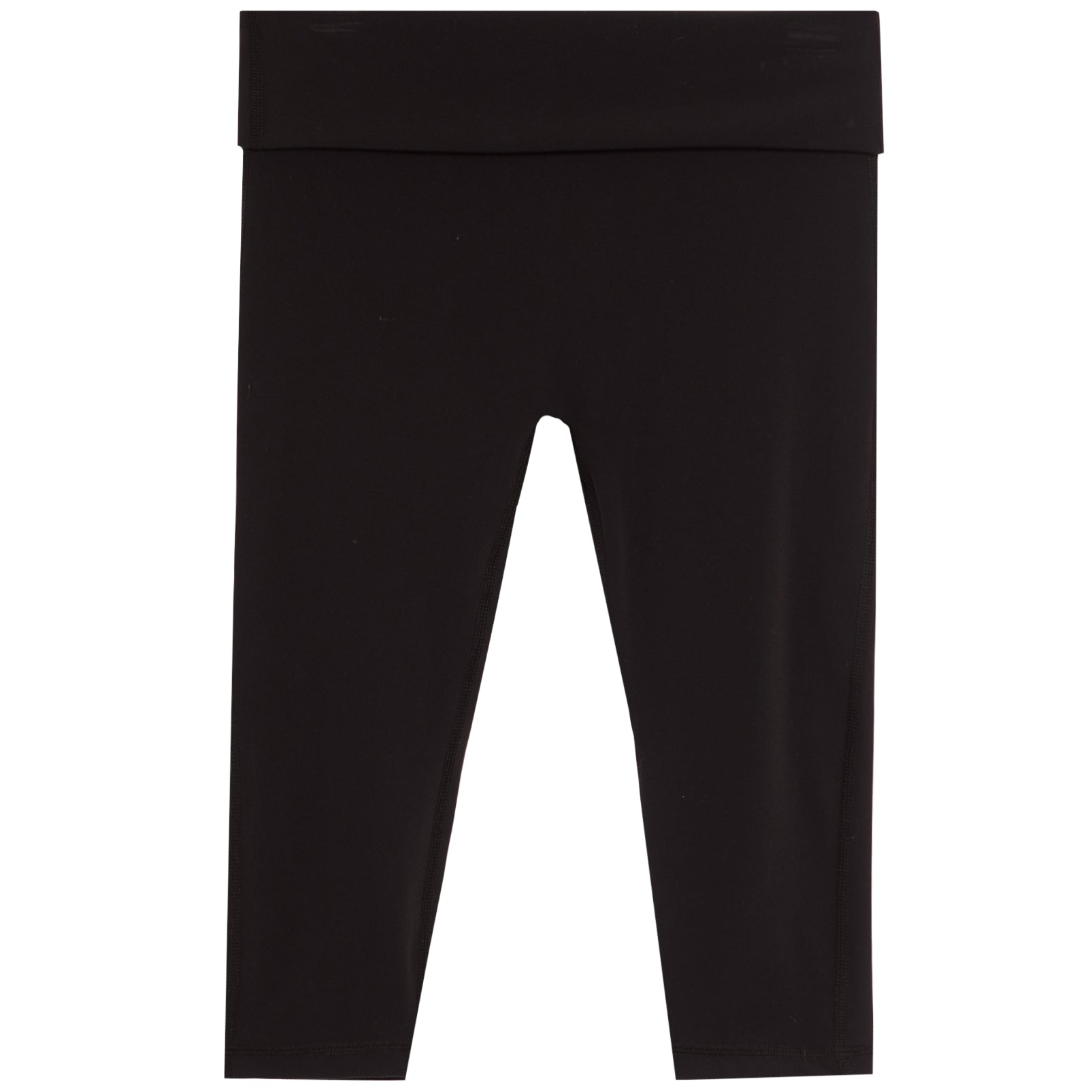 Solid black leggings with a wide elastic waistband, shown flat against a plain white background.