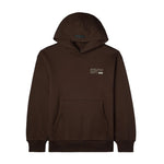 A dark brown pullover hoodie with a small white graphic on the left chest reading 'ATHLETIC DEPT' and a small white rectangular logo, shown against a plain white background.
