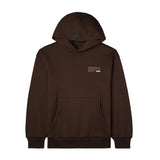 A dark brown pullover hoodie with a small white graphic on the left chest reading 'ATHLETIC DEPT' and a small white rectangular logo, shown against a plain white background.