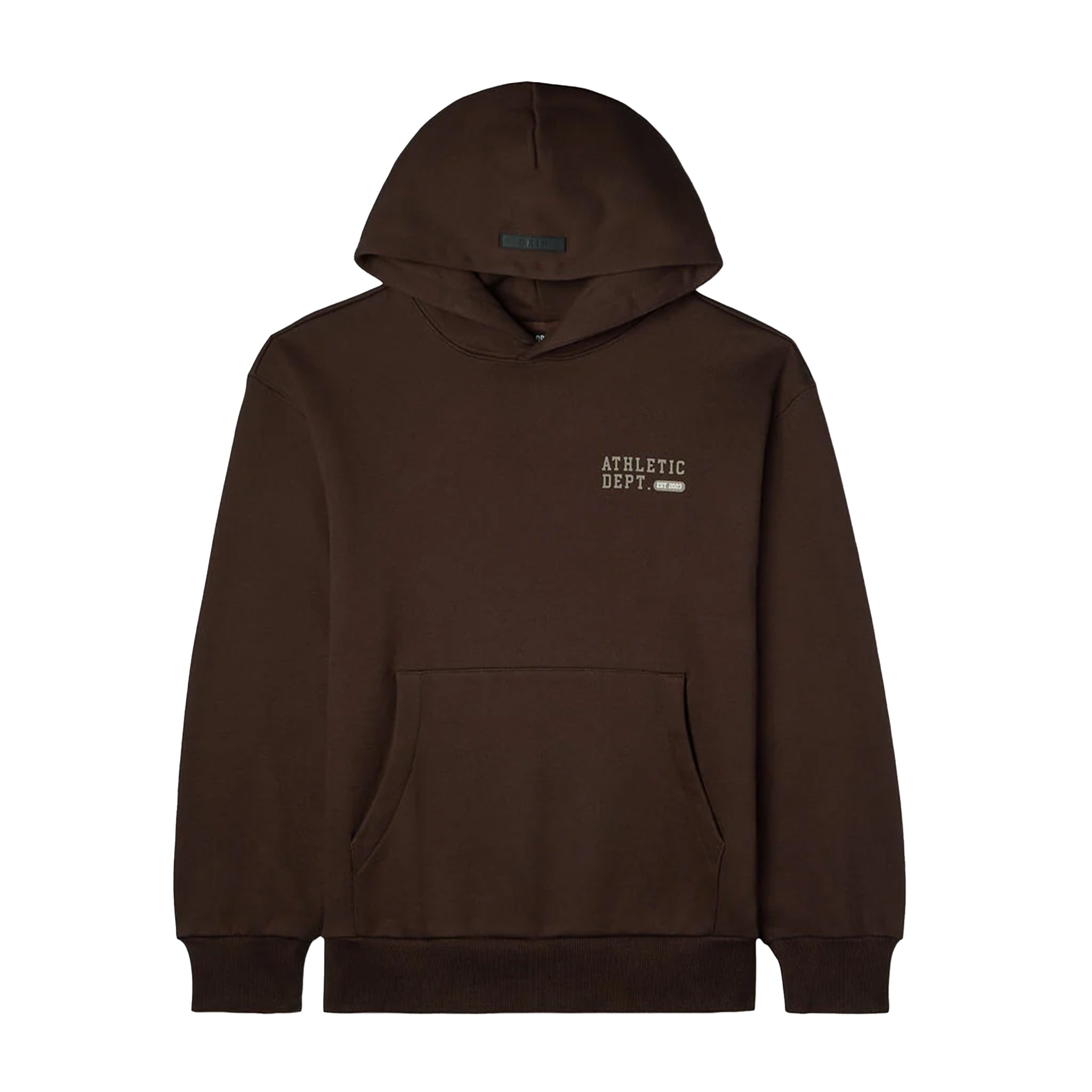 A dark brown pullover hoodie with a small white graphic on the left chest reading 'ATHLETIC DEPT' and a small white rectangular logo, shown against a plain white background.