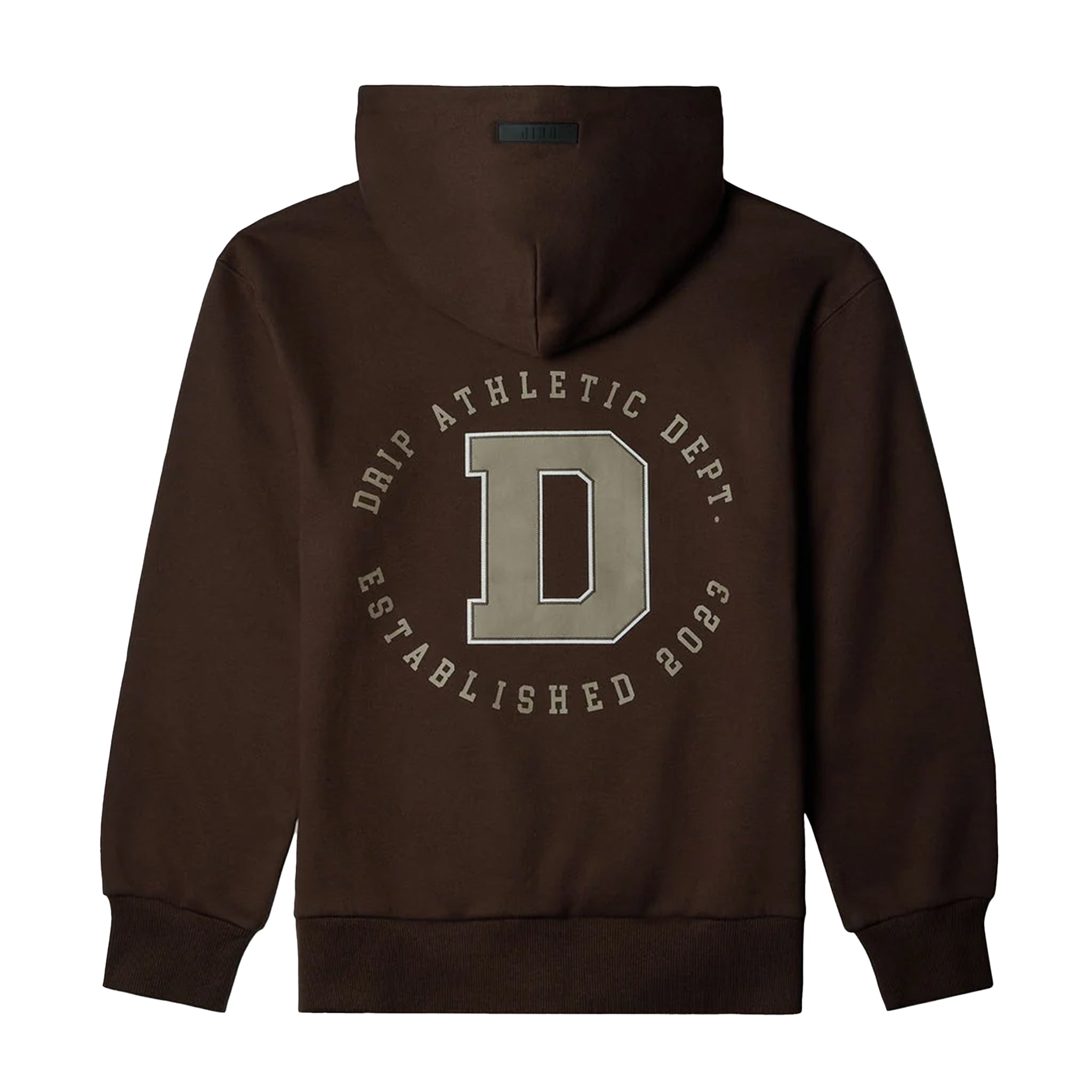 A dark brown hooded sweatshirt shown from the back, featuring a large light gray block letter 'D' in the center, surrounded by the text 'DRIP ATHLETIC DEPT.' and 'ESTABLISHED 2023' in a circular design.
