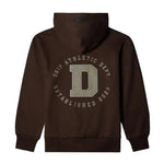 A dark brown hooded sweatshirt shown from the back, featuring a large light gray block letter 'D' in the center, surrounded by the text 'DRIP ATHLETIC DEPT.' and 'ESTABLISHED 2023' in a circular design.