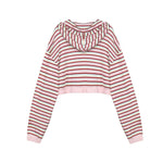 A cropped knit hoodie with long sleeves, featuring horizontal stripes in pink, red, and white, shown against a plain white background.