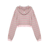 A cropped knit hoodie with long sleeves, featuring horizontal stripes in pink, red, and white, shown against a plain white background.