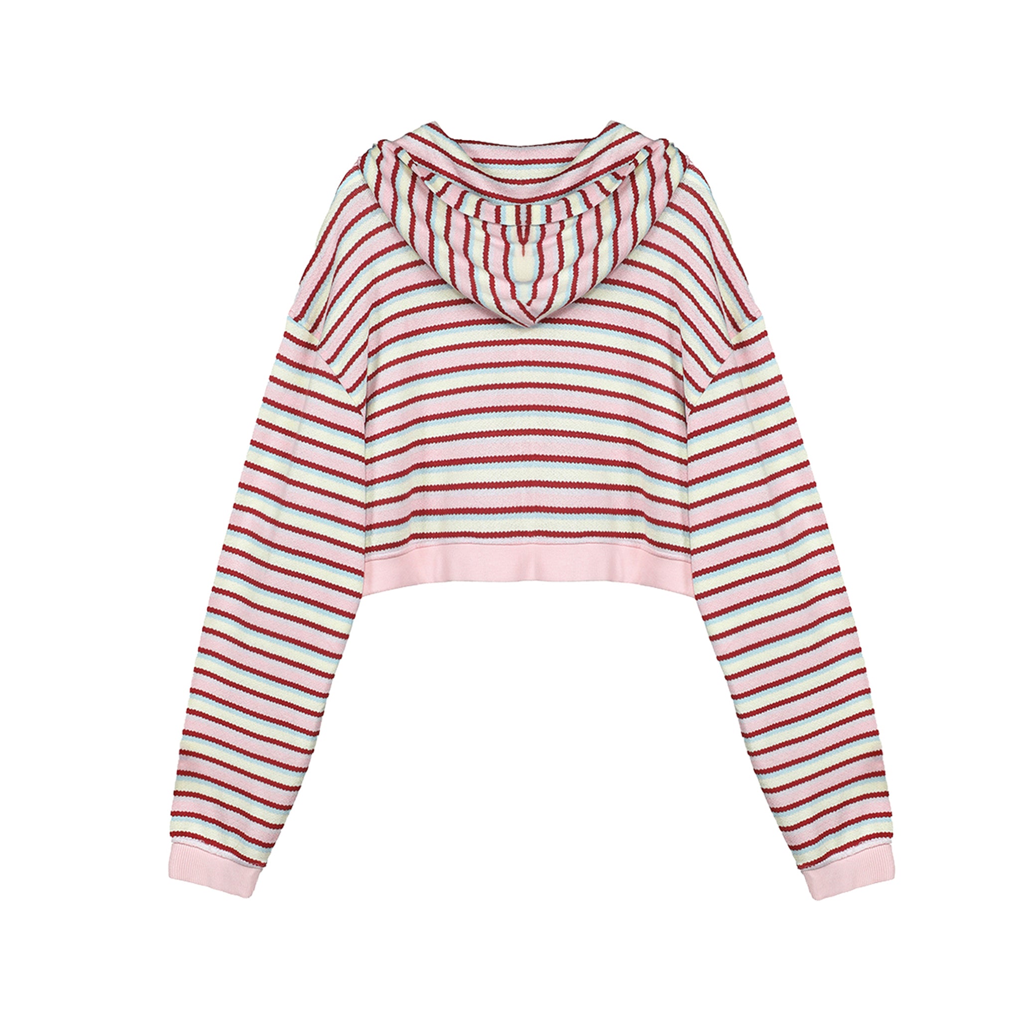 A cropped knit hoodie with long sleeves, featuring horizontal stripes in pink, red, and white, shown against a plain white background.