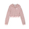 A cropped knit hoodie with long sleeves, featuring horizontal stripes in pink, red, and white, shown against a plain white background.