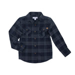 A Columbia long-sleeve button-up flannel shirt in navy blue with a gray and black plaid pattern, featuring two chest pockets with button flaps and a small brown brand patch on the left chest.