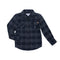 A Columbia long-sleeve button-up flannel shirt in navy blue with a gray and black plaid pattern, featuring two chest pockets with button flaps and a small brown brand patch on the left chest.