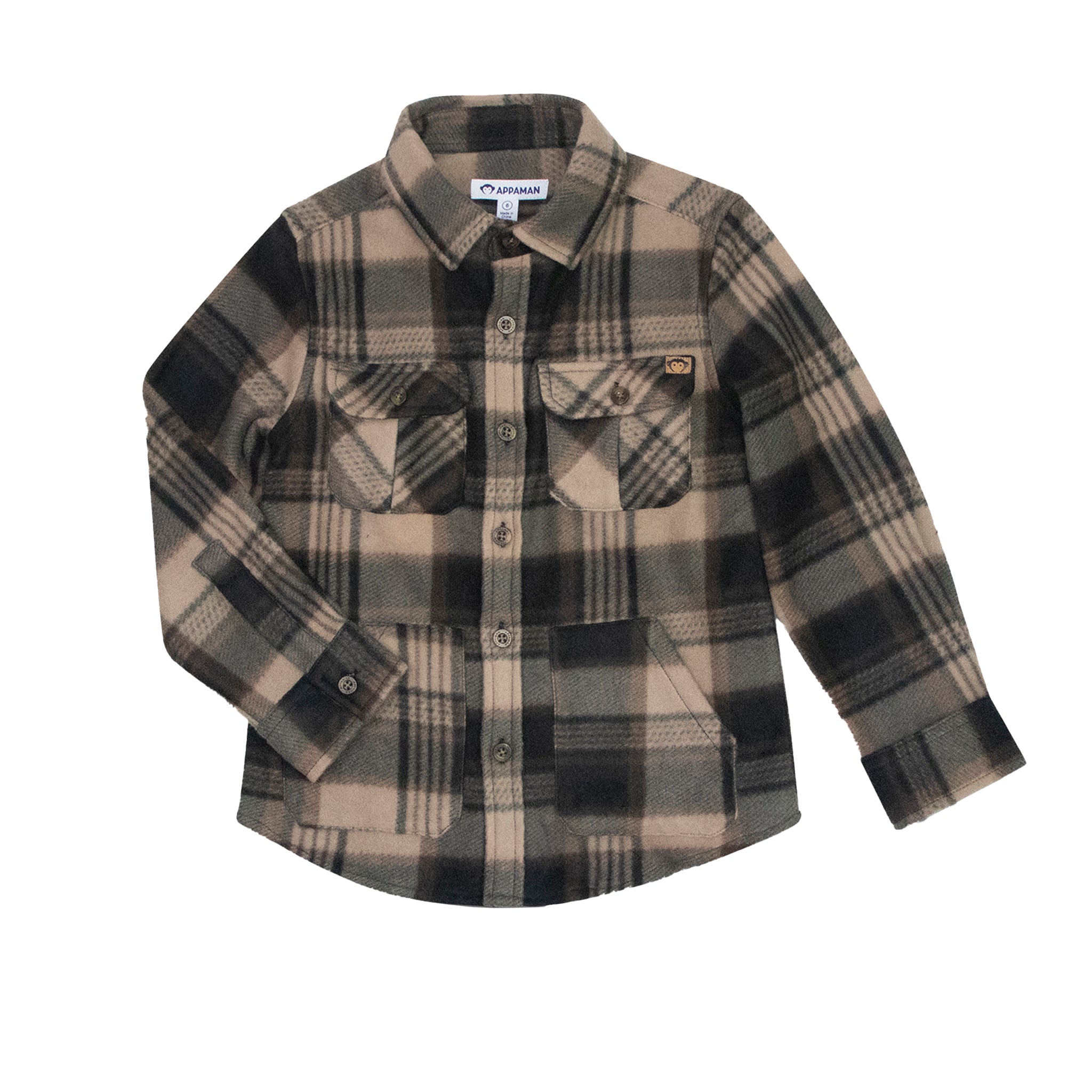 A long-sleeve plaid button-up shirt for kids, featuring a brown, beige, and black checkered pattern, with two chest pockets and a small embroidered logo on the left chest pocket.