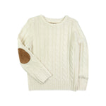 An off-white cable-knit sweater with a brown suede elbow patch, displayed flat against a solid white background.
