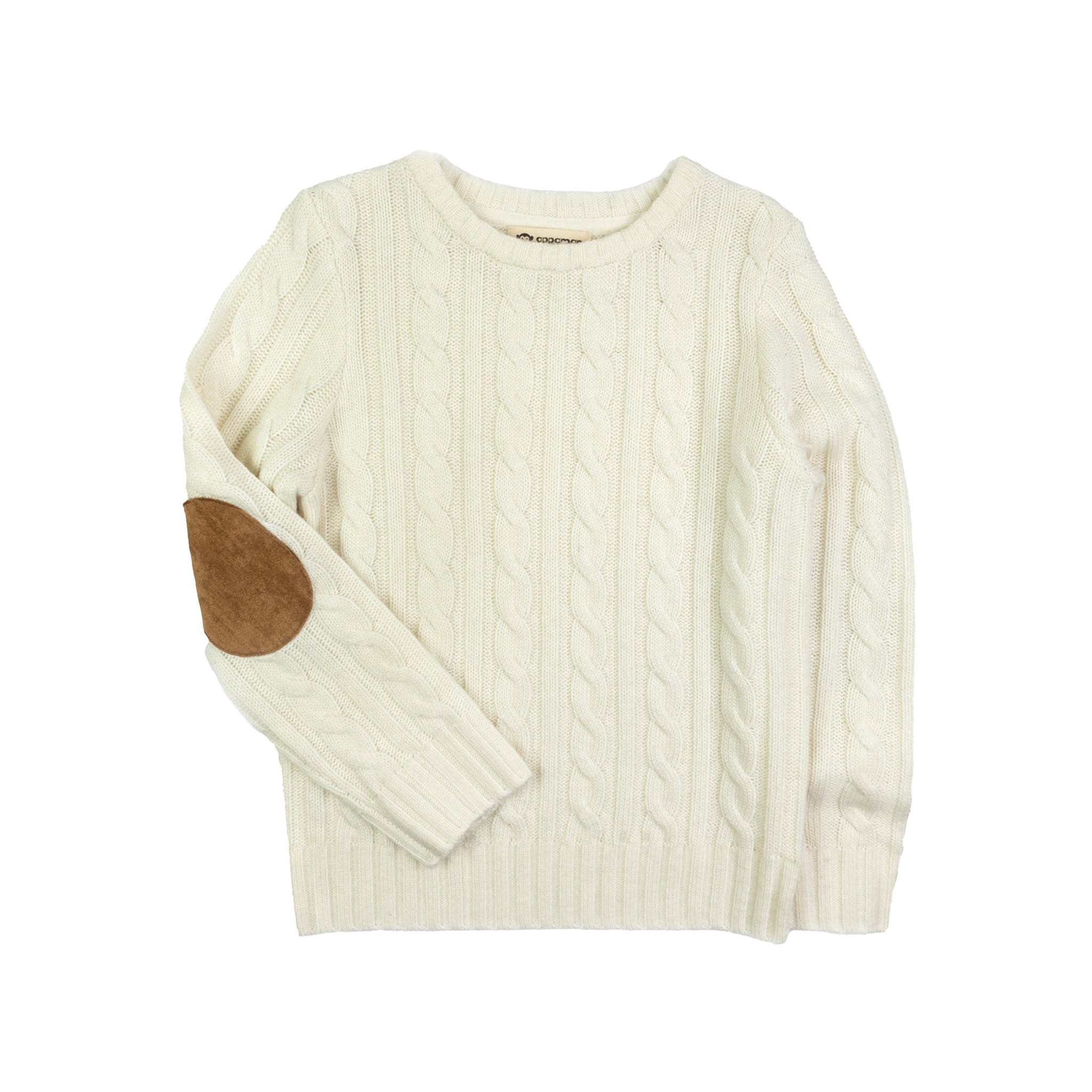 An off-white cable-knit sweater with a brown suede elbow patch, displayed flat against a solid white background.