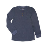 A long-sleeve waffle-knit henley shirt in a dark slate blue color, featuring three brown buttons on the chest and ribbed cuffs, displayed on a solid white background.