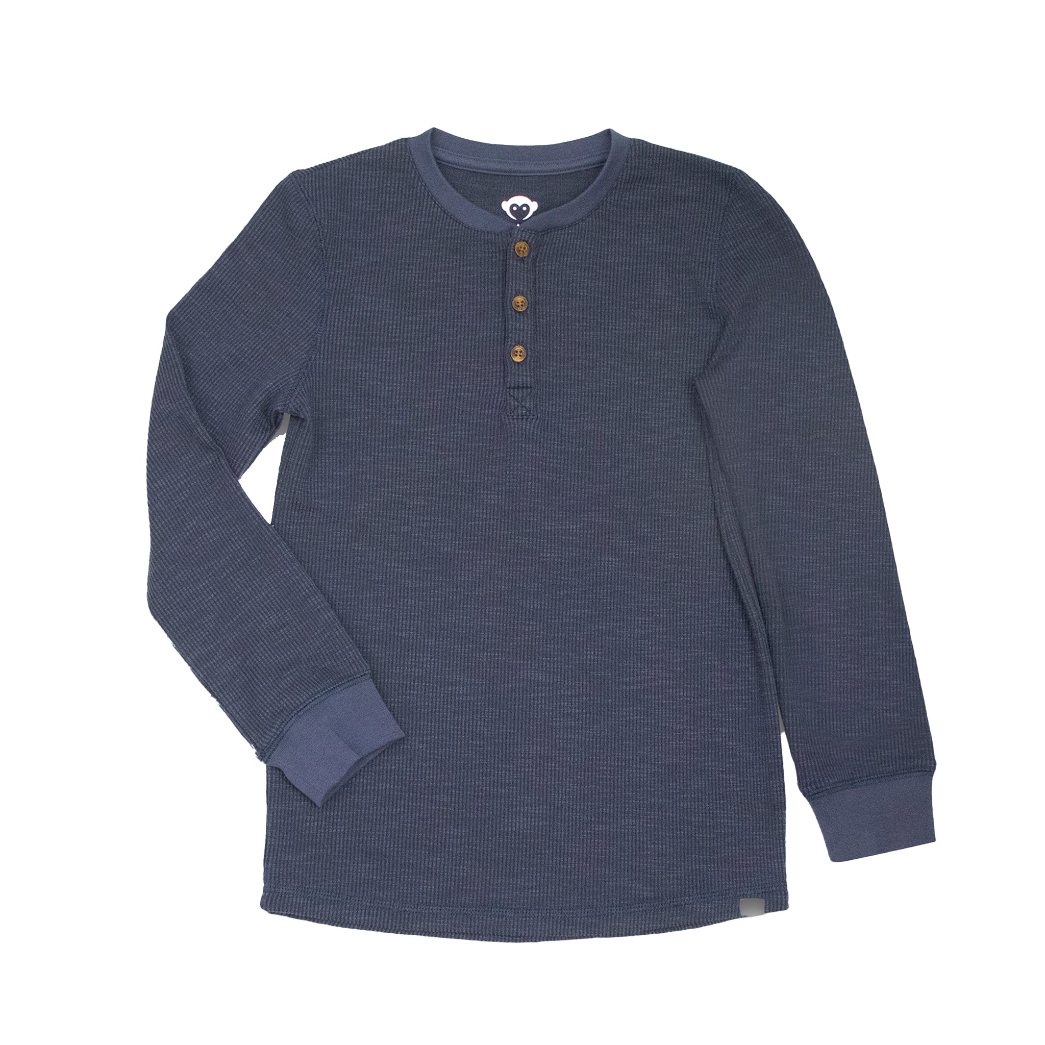 A long-sleeve waffle-knit henley shirt in a dark slate blue color, featuring three brown buttons on the chest and ribbed cuffs, displayed on a solid white background.