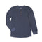 A long-sleeve waffle-knit henley shirt in a dark slate blue color, featuring three brown buttons on the chest and ribbed cuffs, displayed on a solid white background.