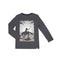 A dark gray long-sleeve t-shirt with a western-themed graphic print of a cowboy riding a bucking horse, displayed flat against a white background.