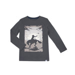 A dark gray long-sleeve t-shirt with a western-themed graphic print of a cowboy riding a bucking horse, displayed flat against a white background.