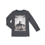 A dark gray long-sleeve t-shirt with a western-themed graphic print of a cowboy riding a bucking horse, displayed flat against a white background.