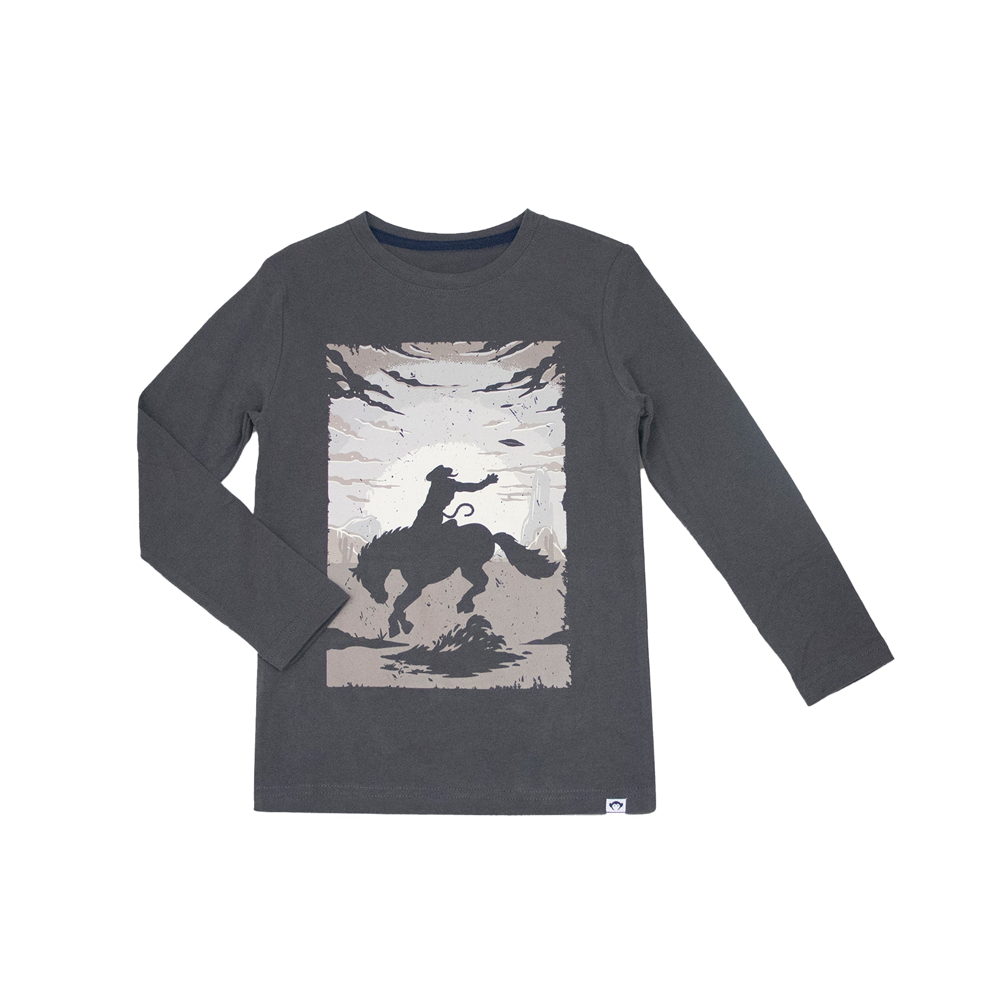 A dark gray long-sleeve t-shirt with a western-themed graphic print of a cowboy riding a bucking horse, displayed flat against a white background.