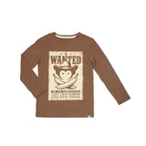 A brown long-sleeve t-shirt with a vintage-style 'Wanted' poster graphic on the front featuring a monkey wearing a cowboy hat and bananas, set against a plain white background.