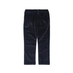 Dark navy blue velvet pants with an elastic drawstring waist, displayed flat against a solid white background.