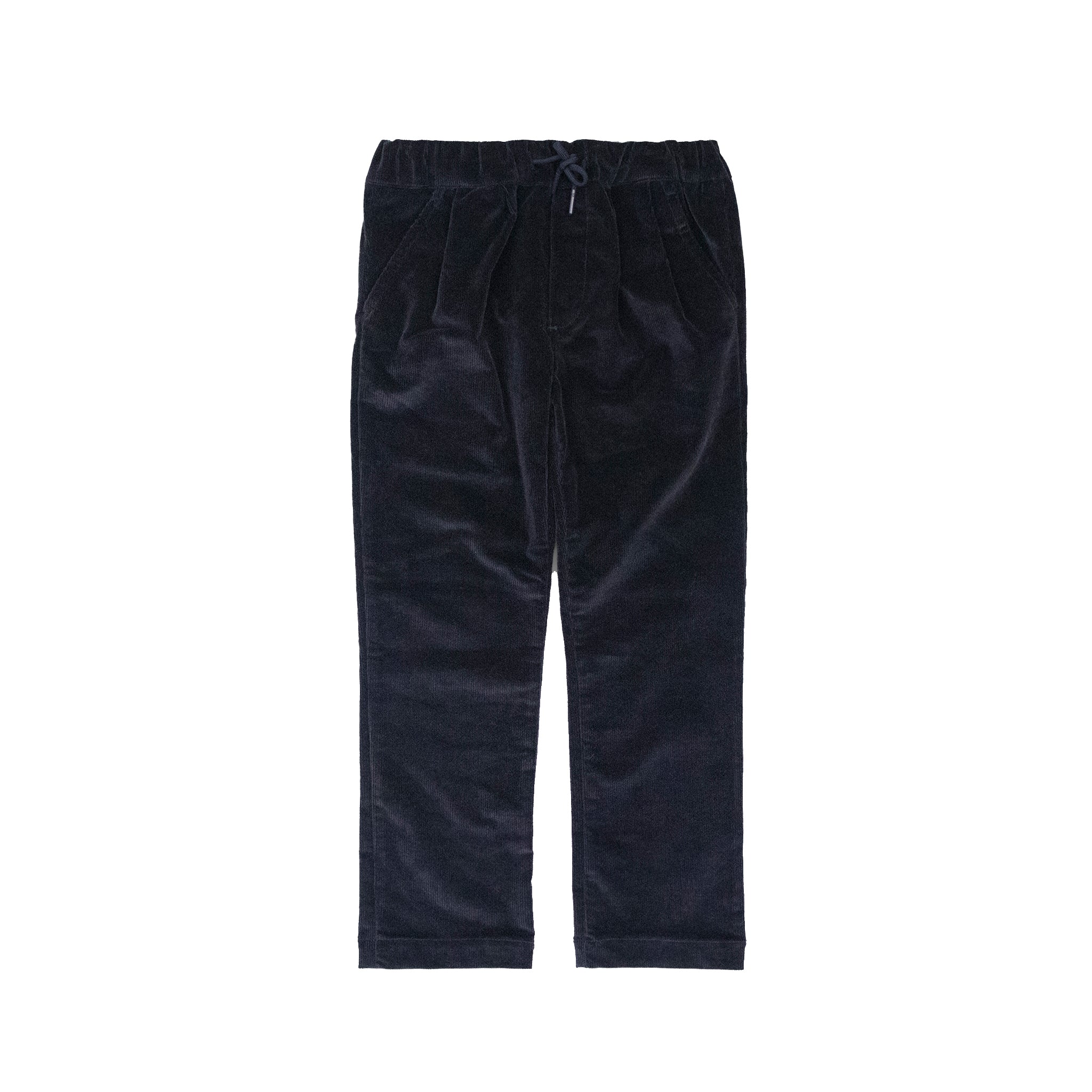 Dark navy blue velvet pants with an elastic drawstring waist, displayed flat against a solid white background.