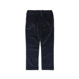 Dark navy blue velvet pants with an elastic drawstring waist, displayed flat against a solid white background.