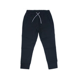 A pair of black sweatpants with a white braided drawstring, displayed flat against a solid white background.