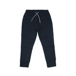 A pair of black sweatpants with a white braided drawstring, displayed flat against a solid white background.
