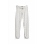 Light heather gray sweatpants with an elastic waistband and a cream-colored drawstring, shown flat against a white background.