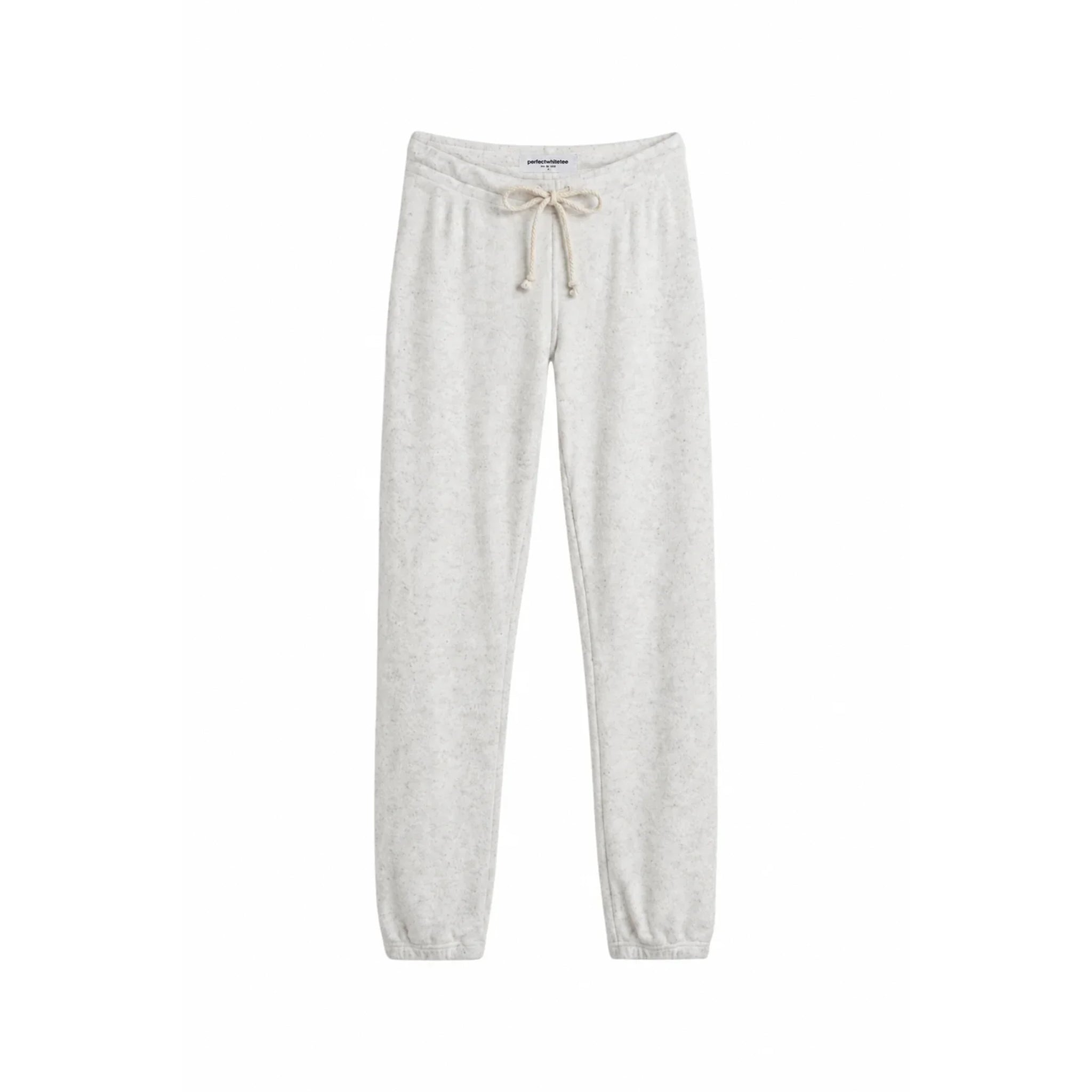 Light heather gray sweatpants with an elastic waistband and a cream-colored drawstring, shown flat against a white background.