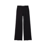 Black wide-leg cropped pants with a wide elastic waistband, shown flat against a solid white background.