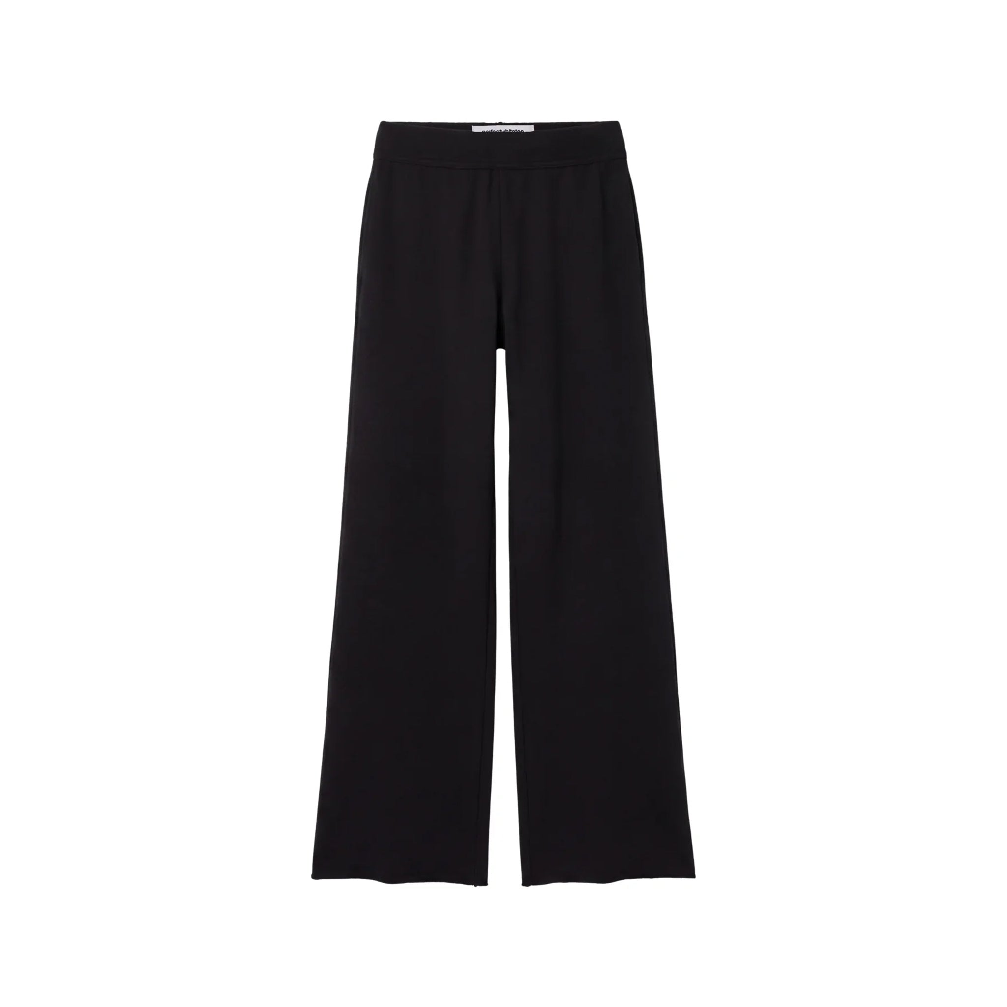 Black wide-leg cropped pants with a wide elastic waistband, shown flat against a solid white background.