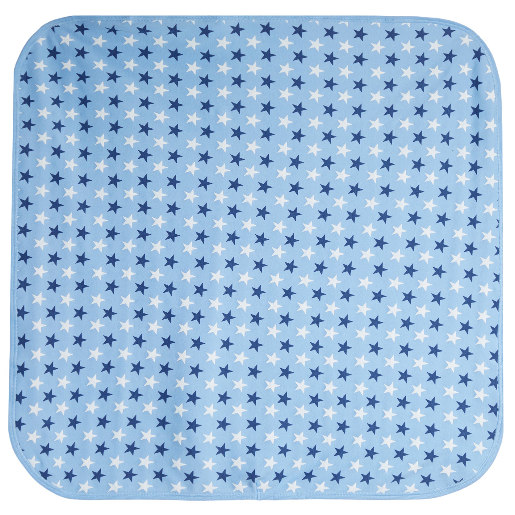 A square baby blanket with rounded corners, featuring a light blue background patterned with small white and dark blue stars.