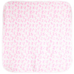 A square white baby blanket featuring an all-over repeating pattern of small pink bows, finished with a solid white stitched border.