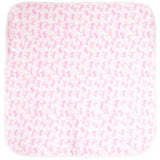 A square white baby blanket featuring an all-over repeating pattern of small pink bows, finished with a solid white stitched border.