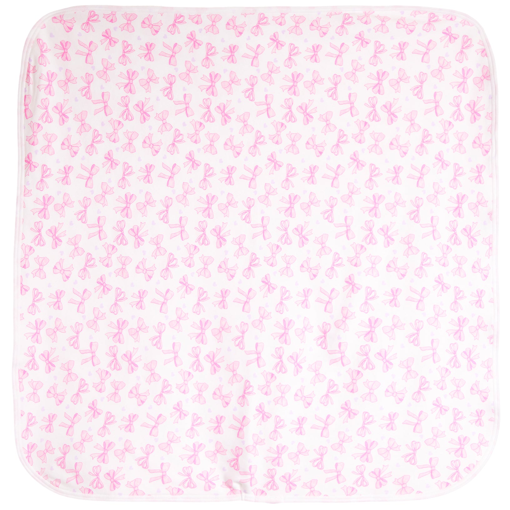 A square white baby blanket featuring an all-over repeating pattern of small pink bows, finished with a solid white stitched border.