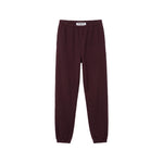 A pair of dark burgundy sweatpants with an elastic waistband and ribbed ankle cuffs, shown flat against a solid white background.