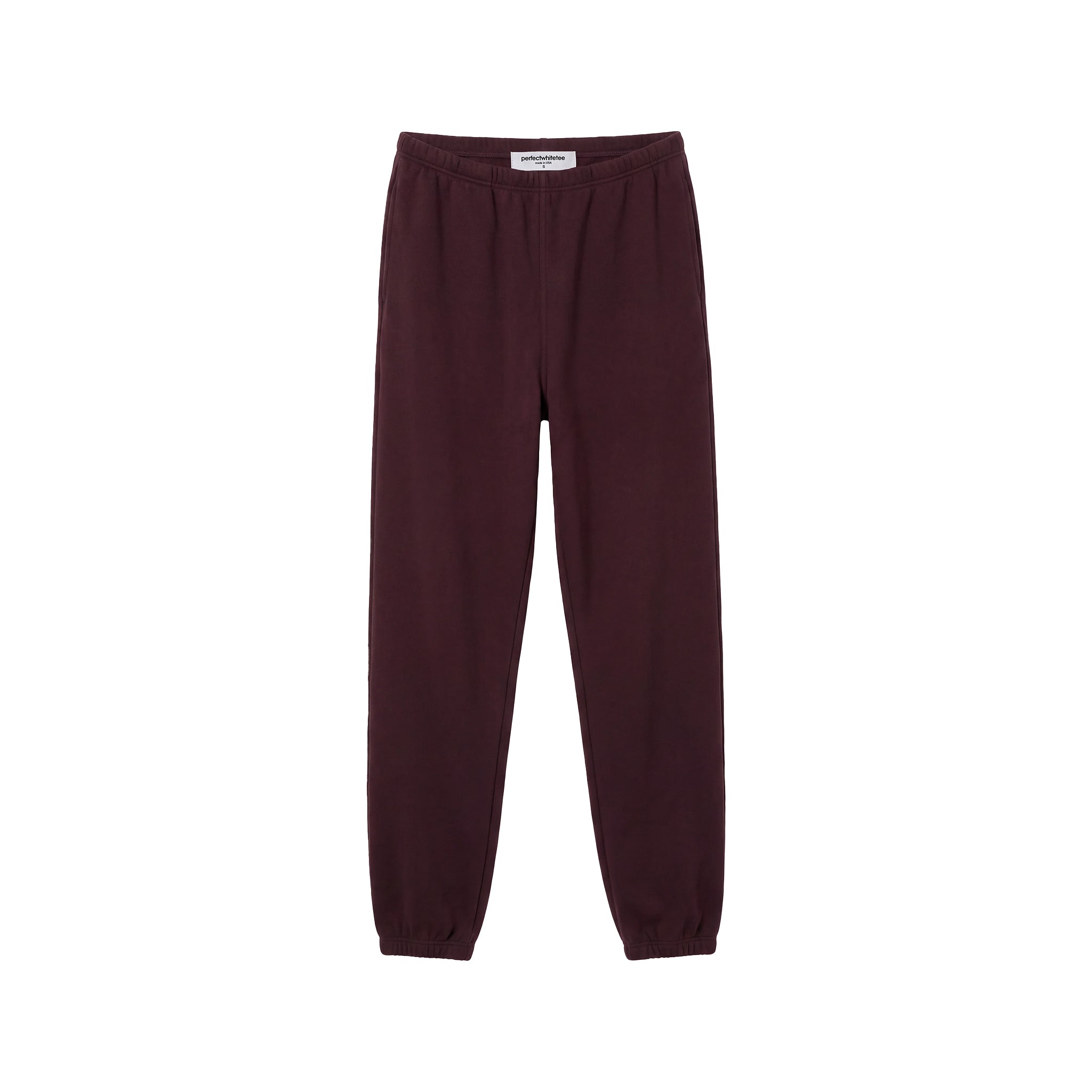 A pair of dark burgundy sweatpants with an elastic waistband and ribbed ankle cuffs, shown flat against a solid white background.