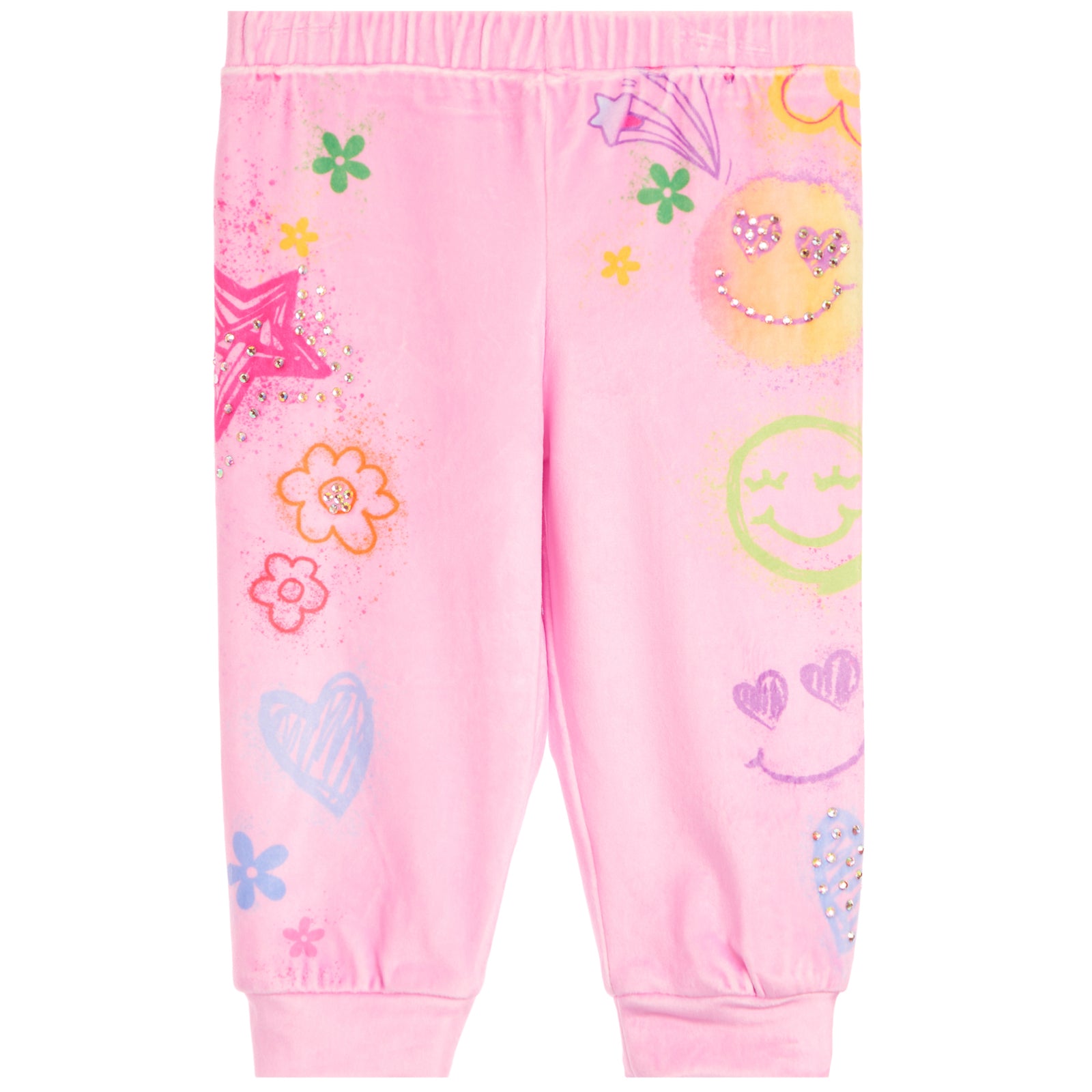 Pink jogger pants for kids featuring a colorful all-over print of smiley faces, hearts, flowers, and stars, shown flat on a white background.