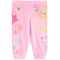 Pink jogger pants for kids featuring a colorful all-over print of smiley faces, hearts, flowers, and stars, shown flat on a white background.