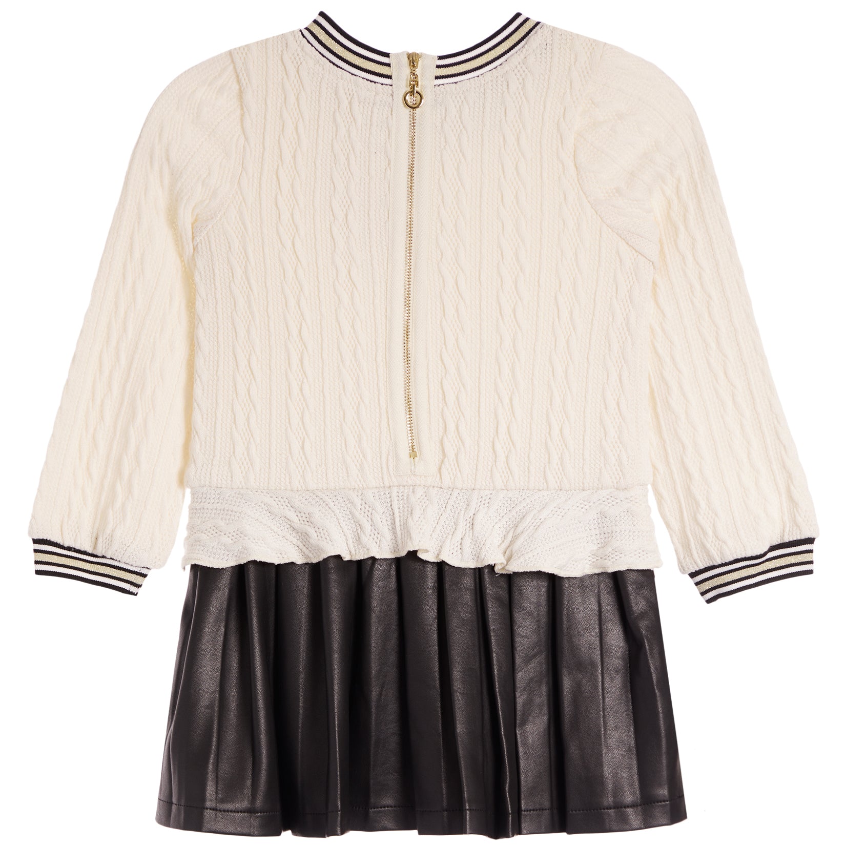 A girls' cable-knit zip-front sweater jacket in cream with black and white striped trim on the collar, cuffs, and hem, paired with a black faux-leather pleated skirt, shown on a plain white background.