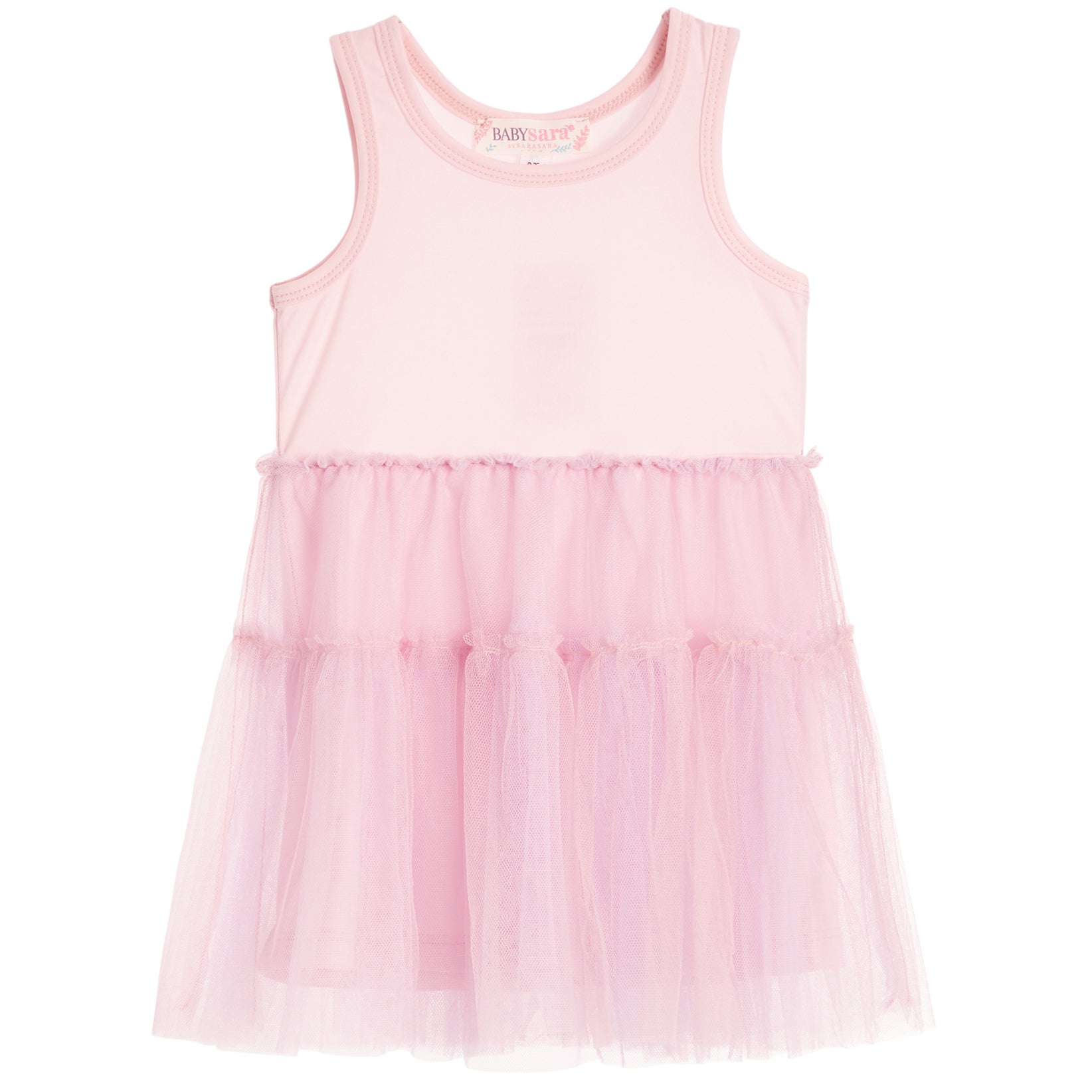A light pink sleeveless baby dress featuring a solid knit bodice and a tiered tulle tutu skirt, shown against a plain white background.